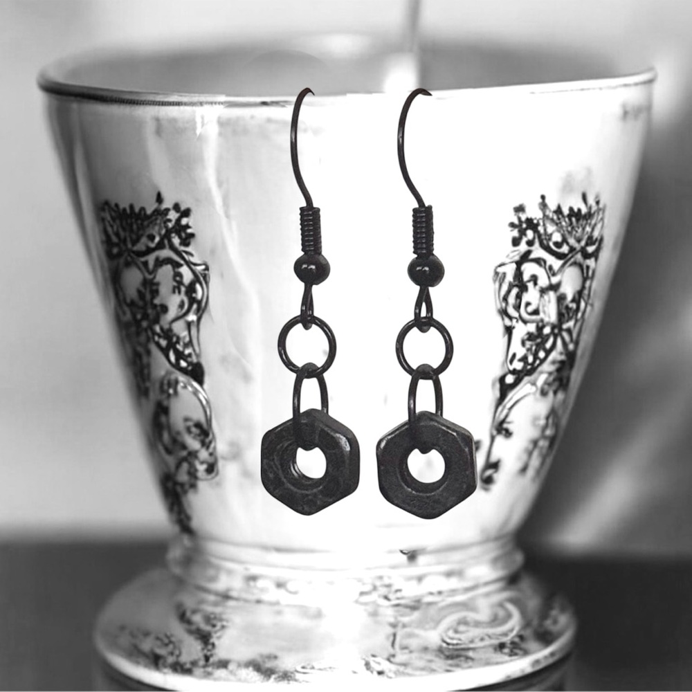 5 For $25💫Small Punk Hardware Black Hex Nut  Earrings